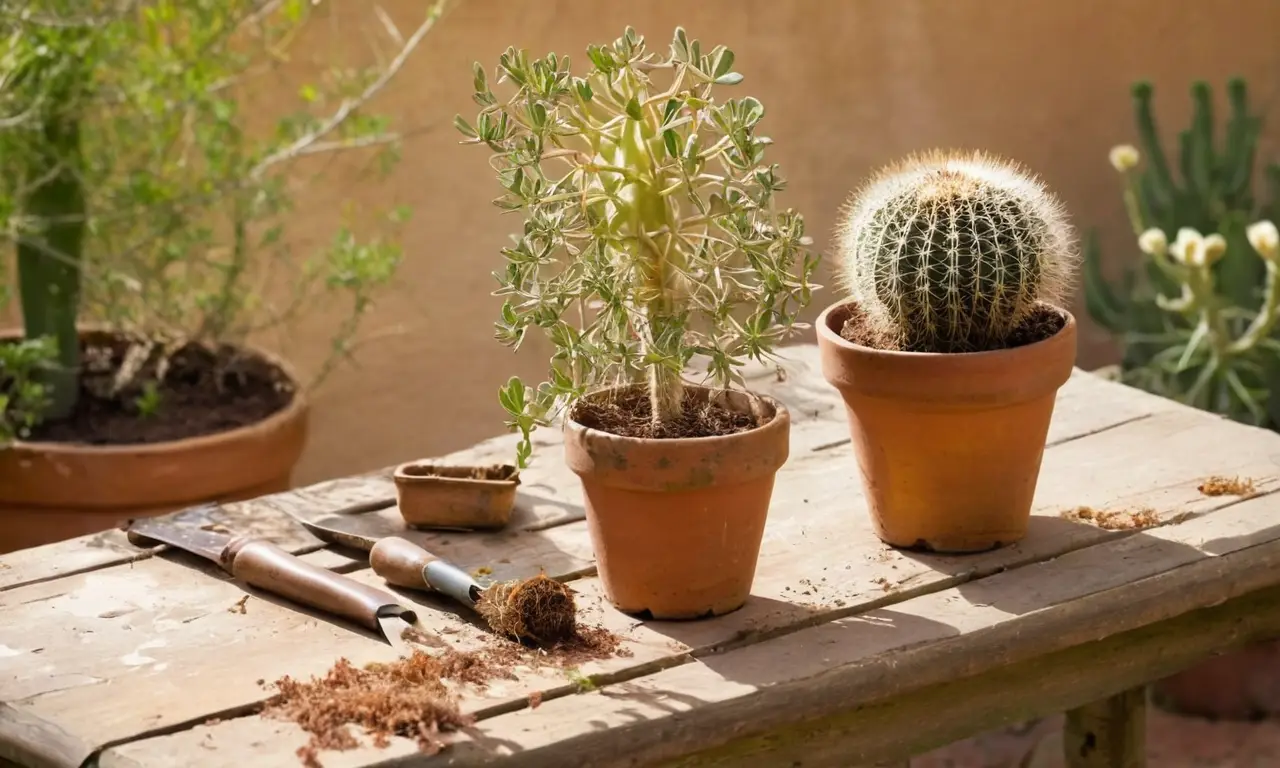 Mesa de jardín con herramientas y plantas