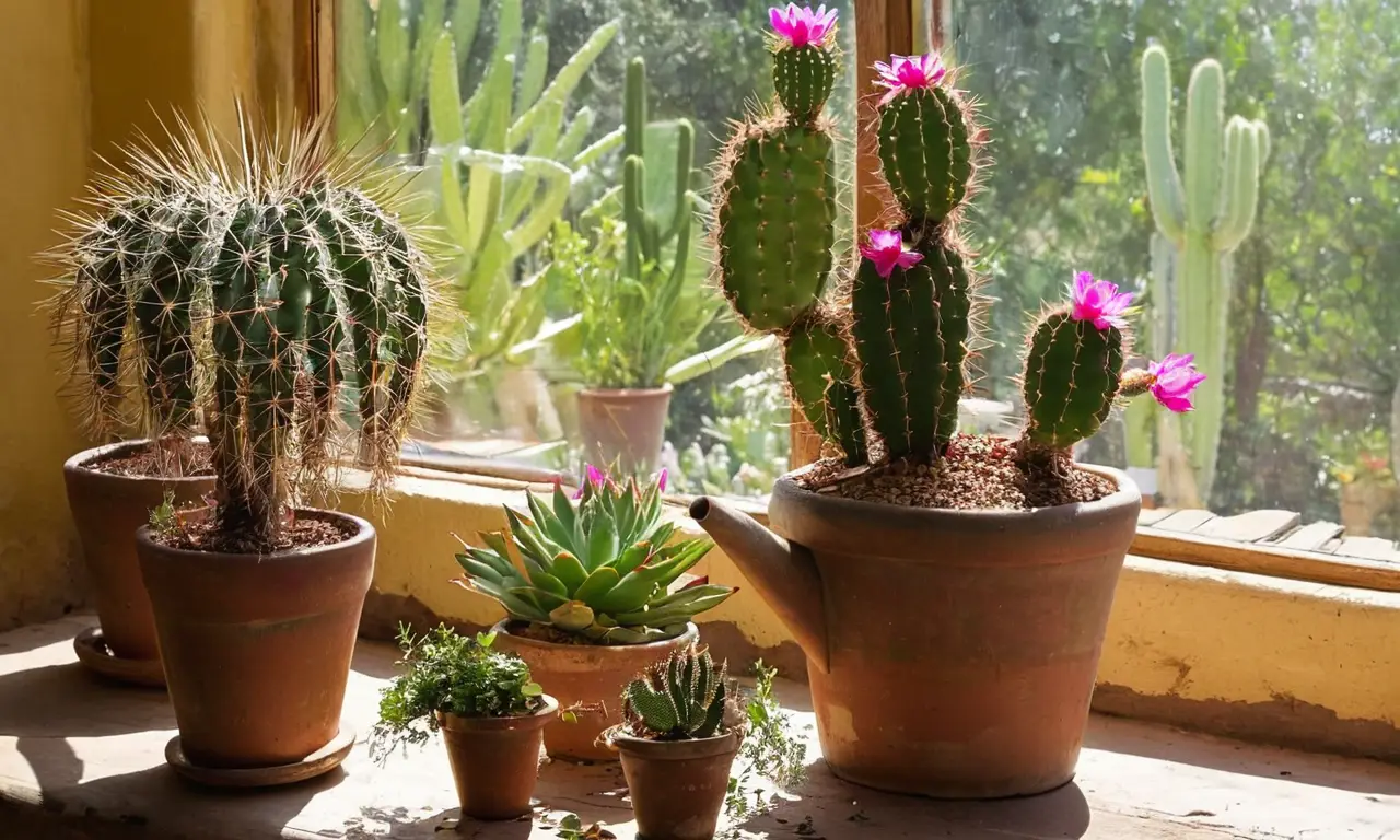 Escena interior vibrante con cactus y luz