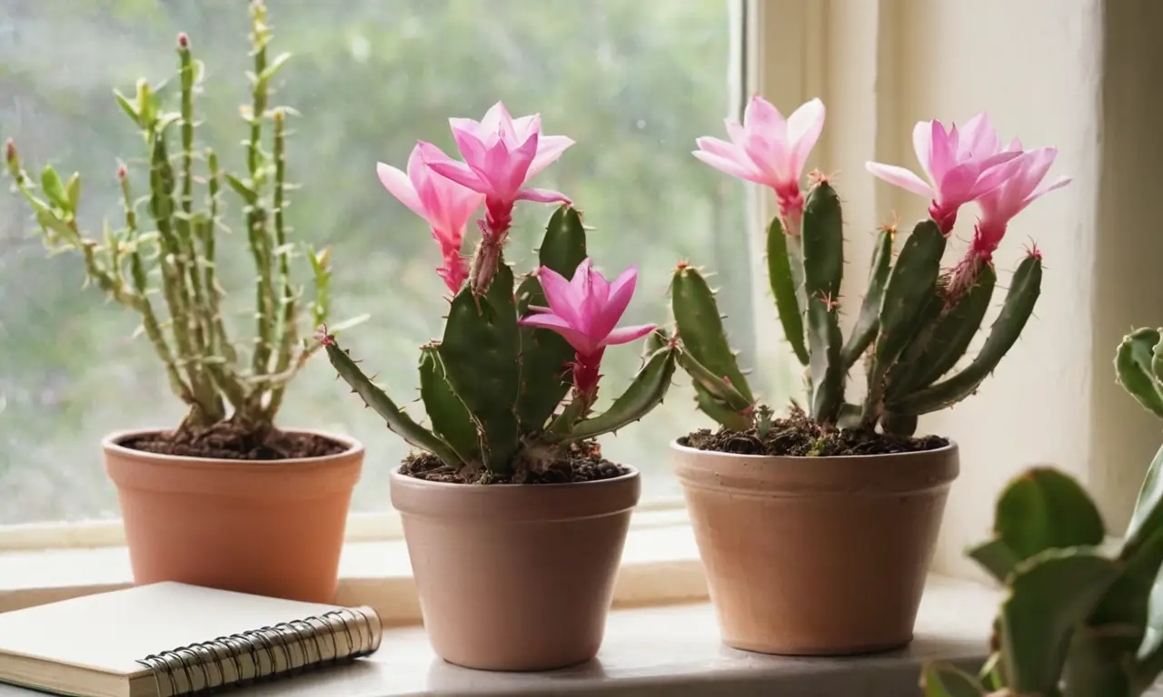 Mesa vibrante con cactus y herramientas de jardinería