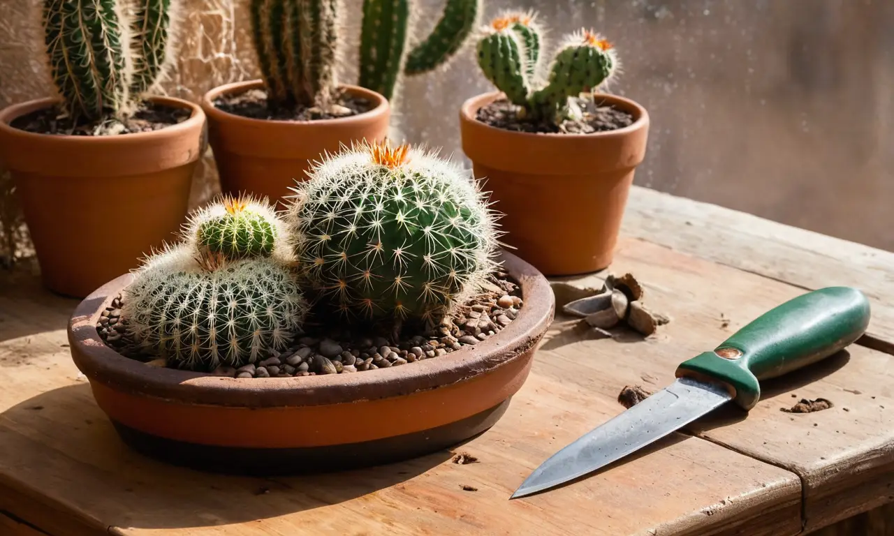 Rehabilitación cuidadosa de cactus enfermos en luz
