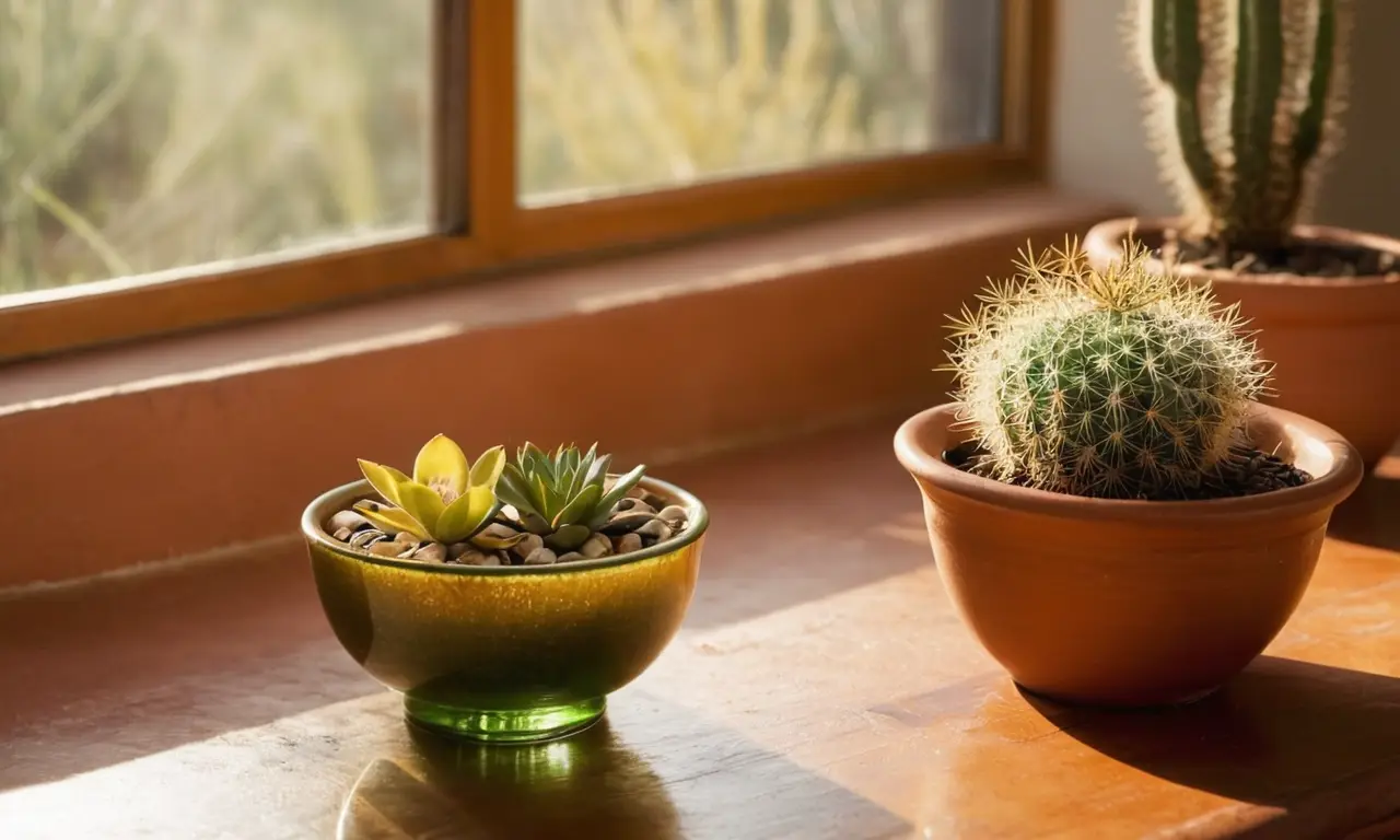 Cocina iluminada con té y cactus