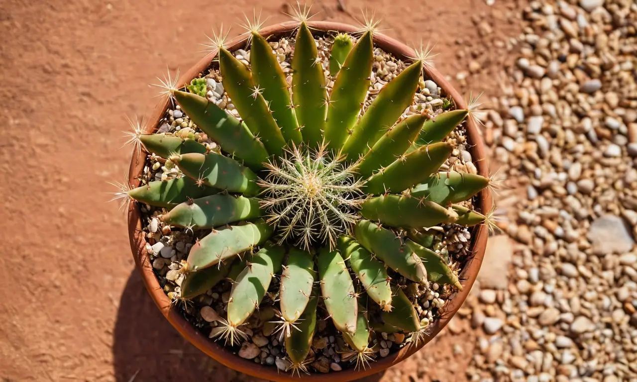 Cactus deteriorado en maceta rústica y soleada