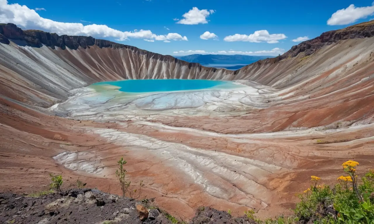 Caldera majestuosa con lago y naturaleza vibrante