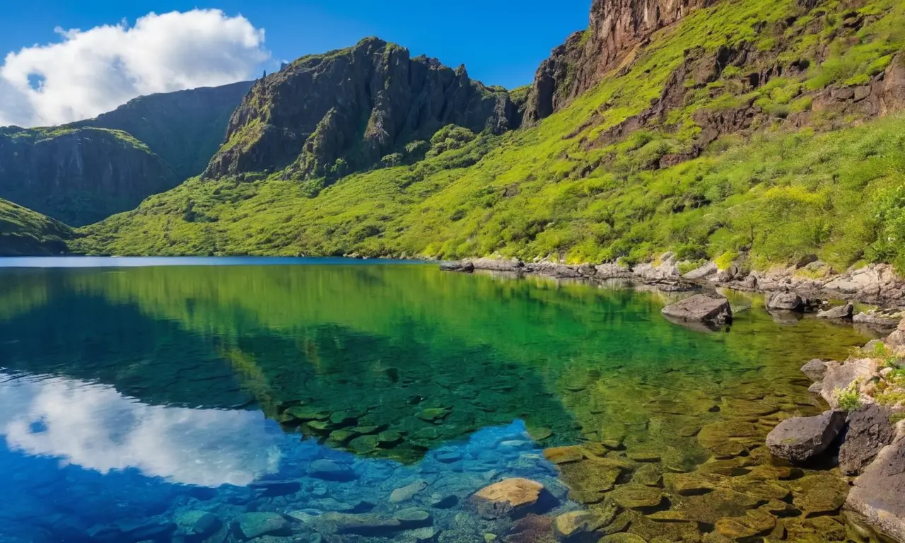 Lago azul profundo rodeado de montañas y naturaleza