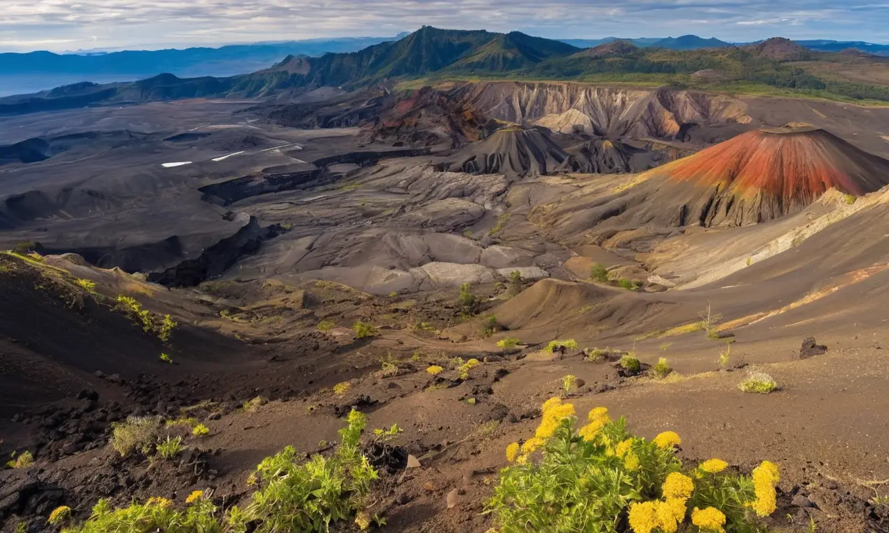 Caldera volcánica con paisaje dramático y sereno