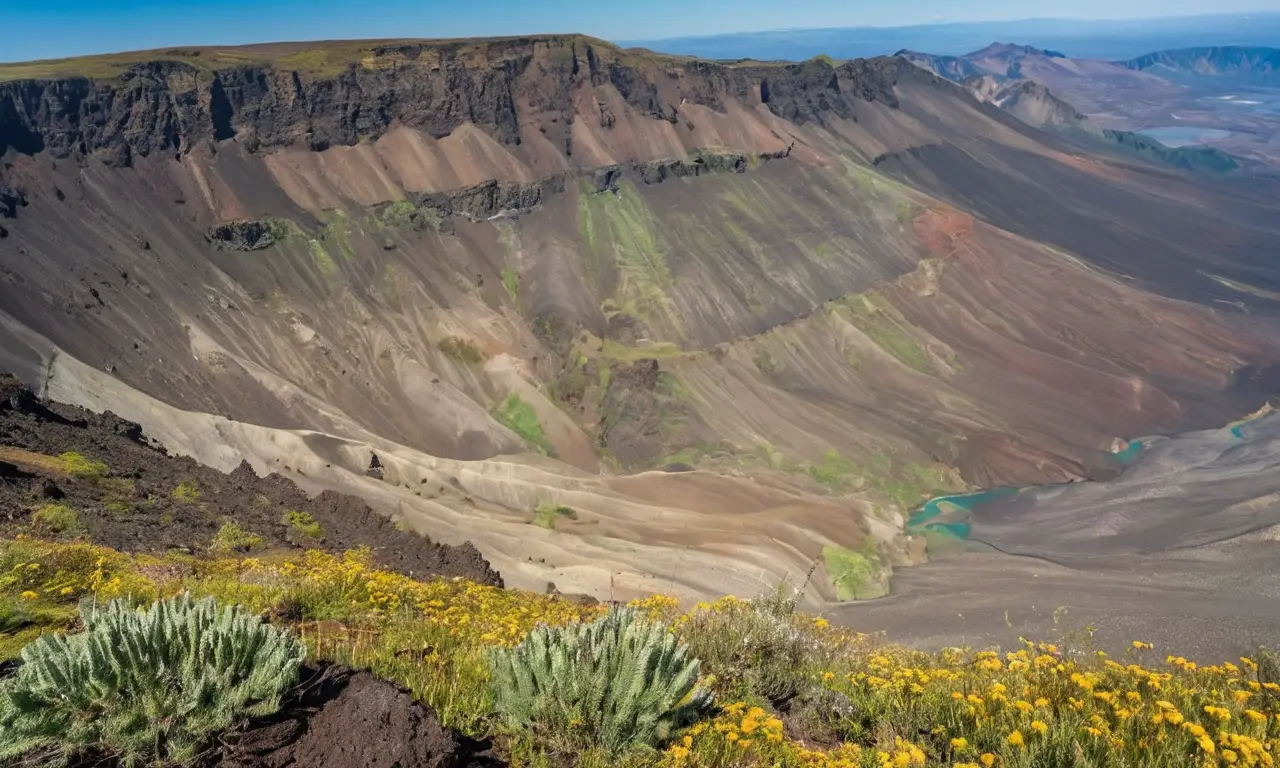 Imponente caldera volcánica con lago turquesa
