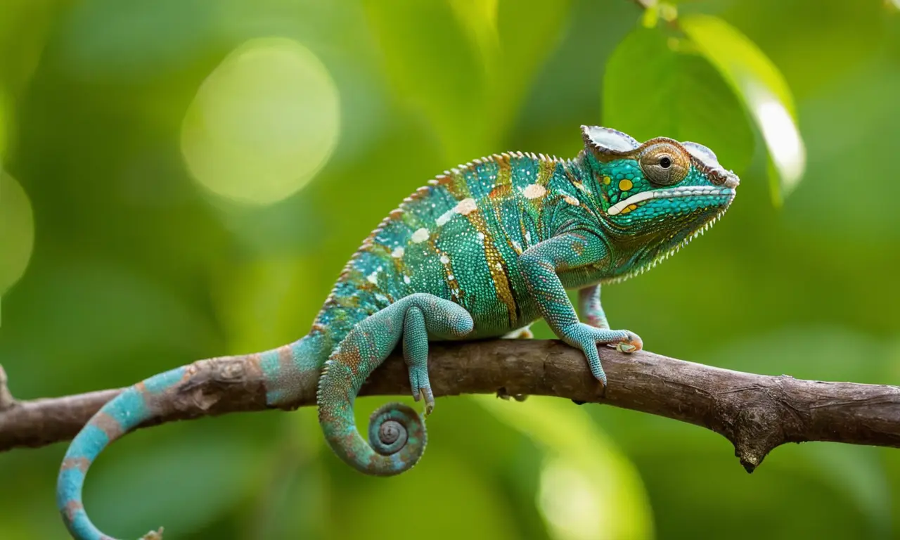 Cameleon verde en rama, ambiente sereno