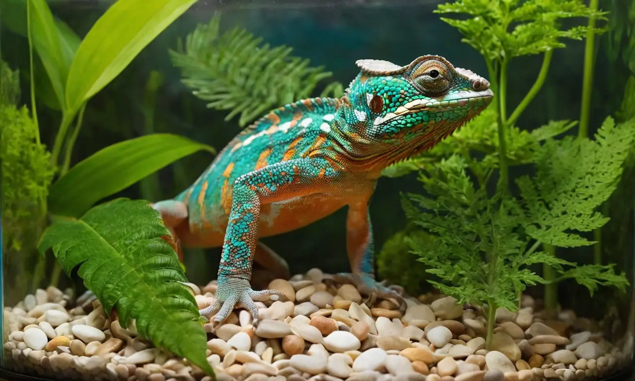 Un terrario vibrante con chameleón y plantas