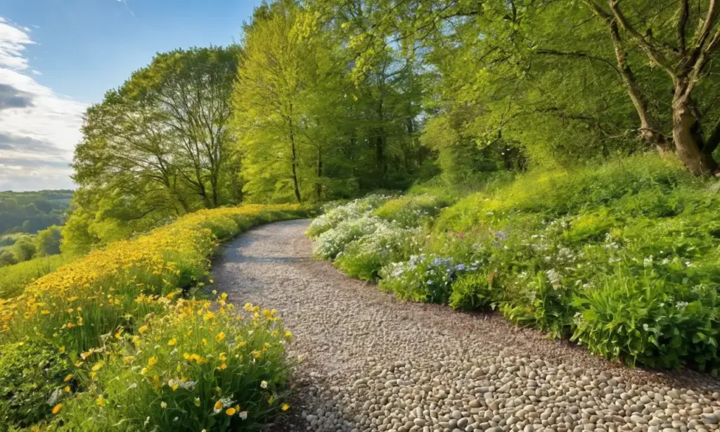 Camino de piedras entre verde y flores