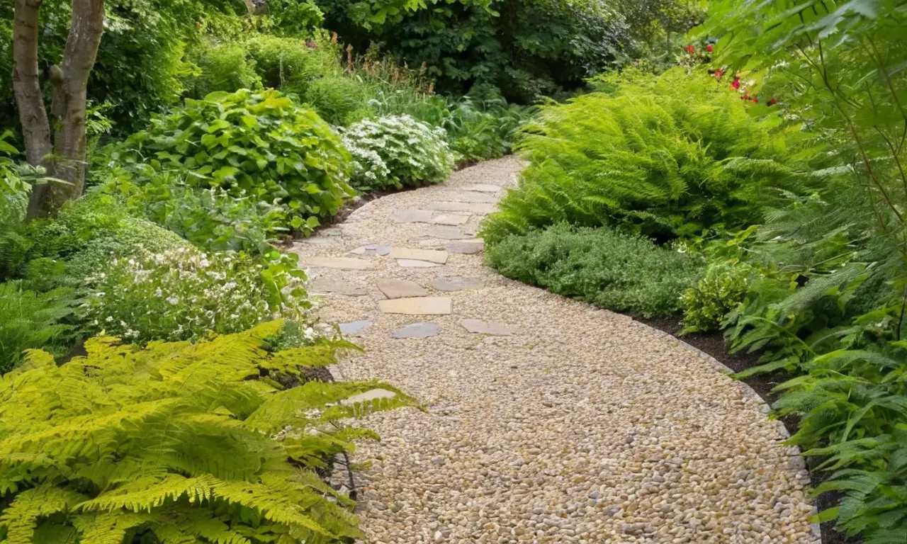 Sendero curvado en jardín verde y vibrante