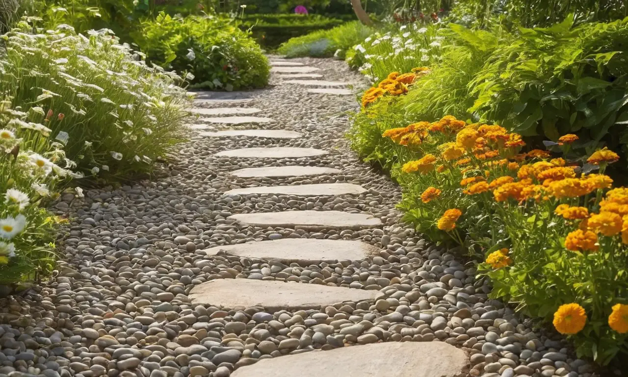 Jardín soleado con caminos y flores vibrantes