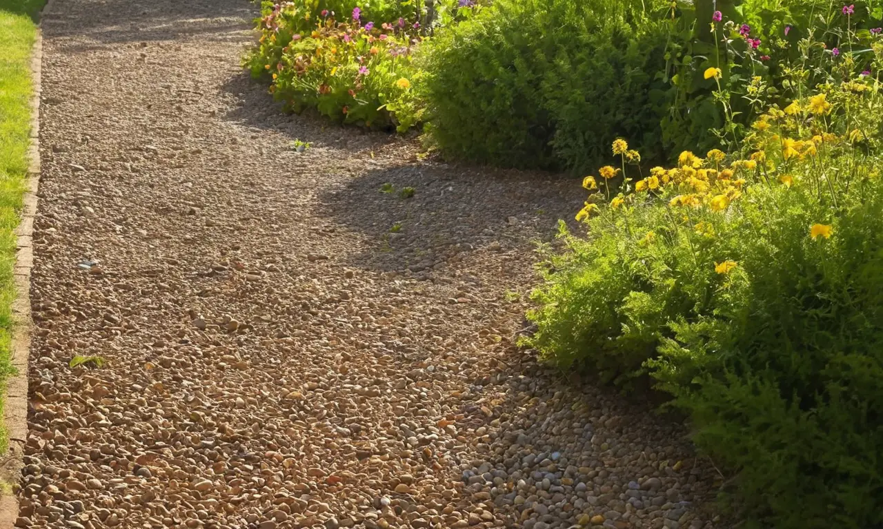 Jardín soleado con camino de gravilla