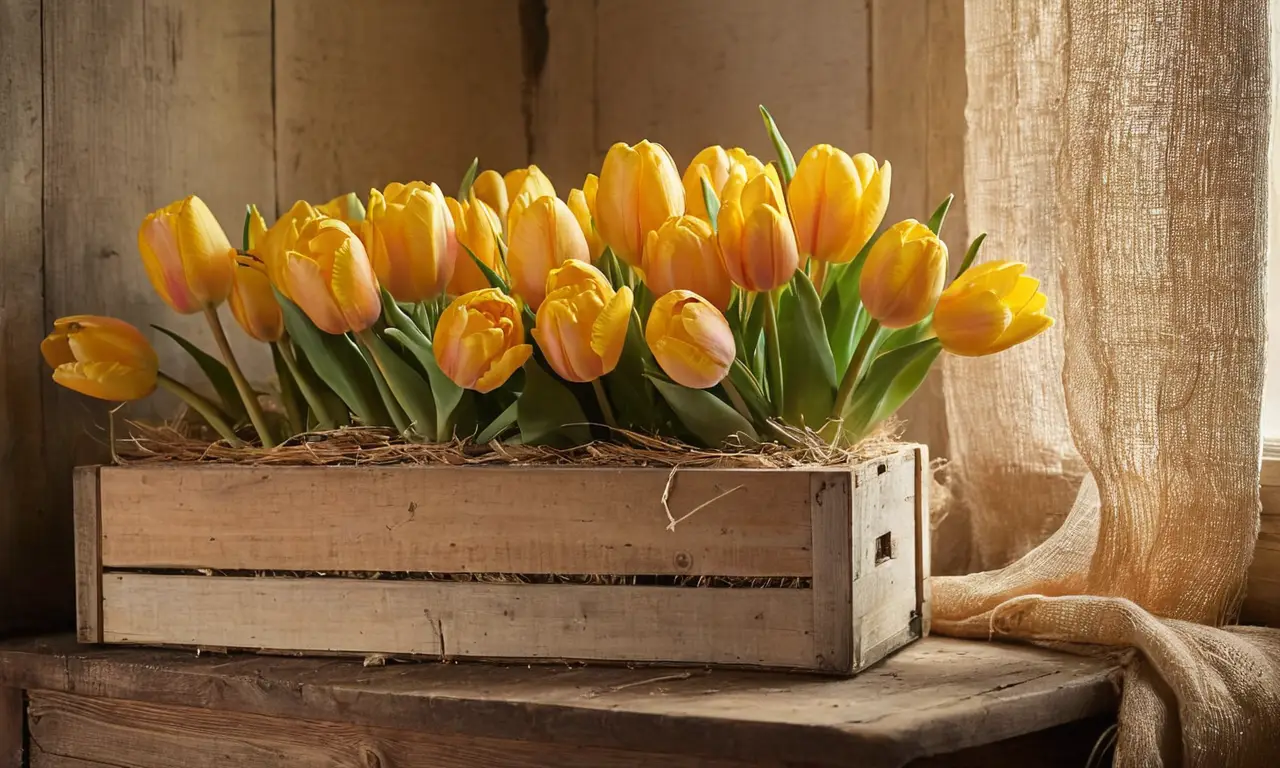 Caja de madera con bulbos de tulipán