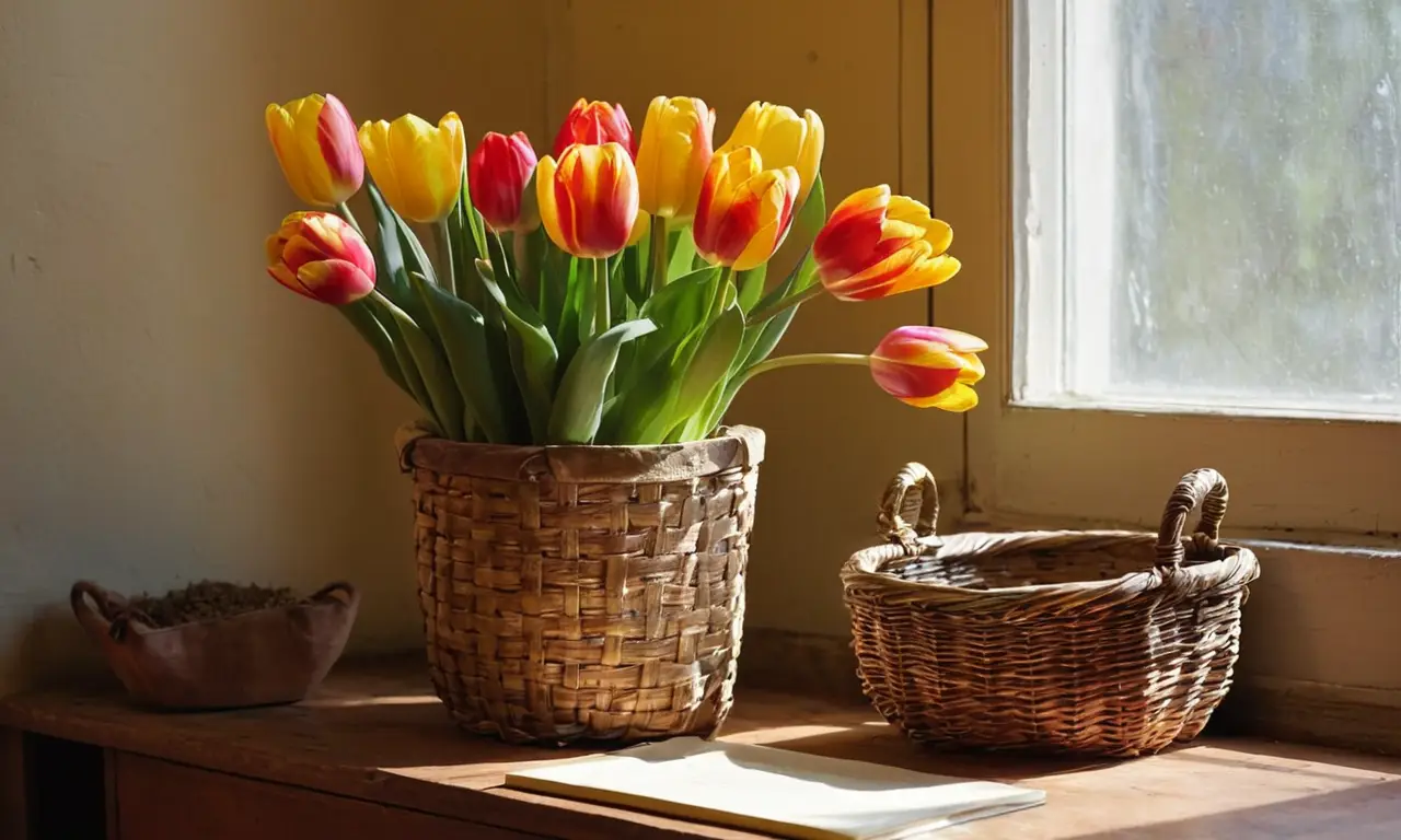 Mesa rústica, tulipanes y herramientas de jardinería