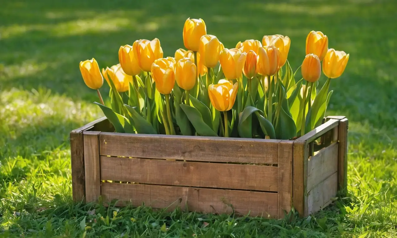 Caja rústica con bulbos de tulipanes