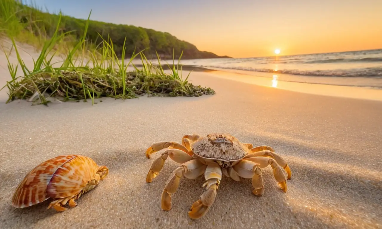 Cangrejos ermitaños en playa al atardecer