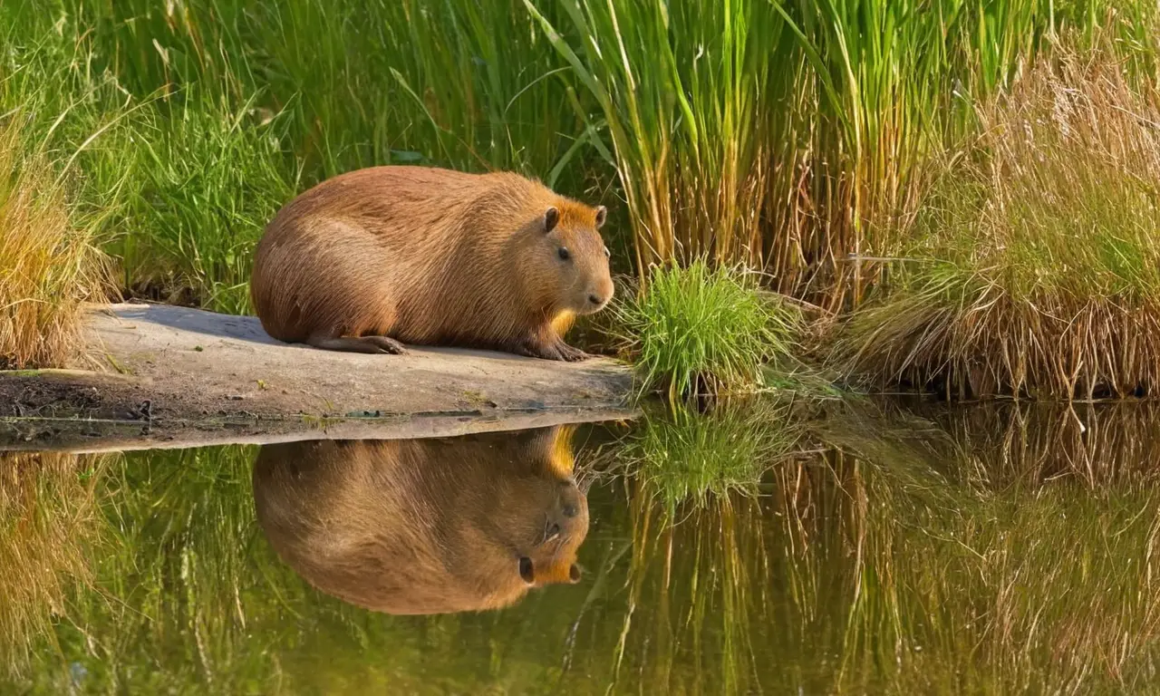Una capibara descansa junto al río