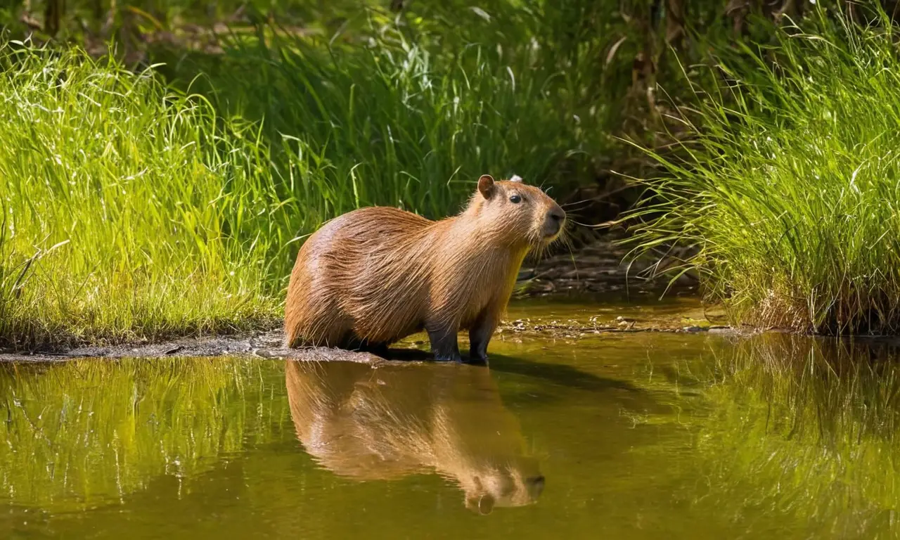 Una capibara destaca junto al río tranquilo
