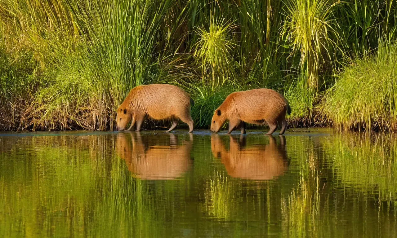 Escena serena con capybaras junto a un río