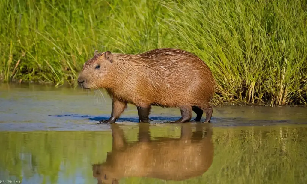 Una capibara descansa junto a un estanque