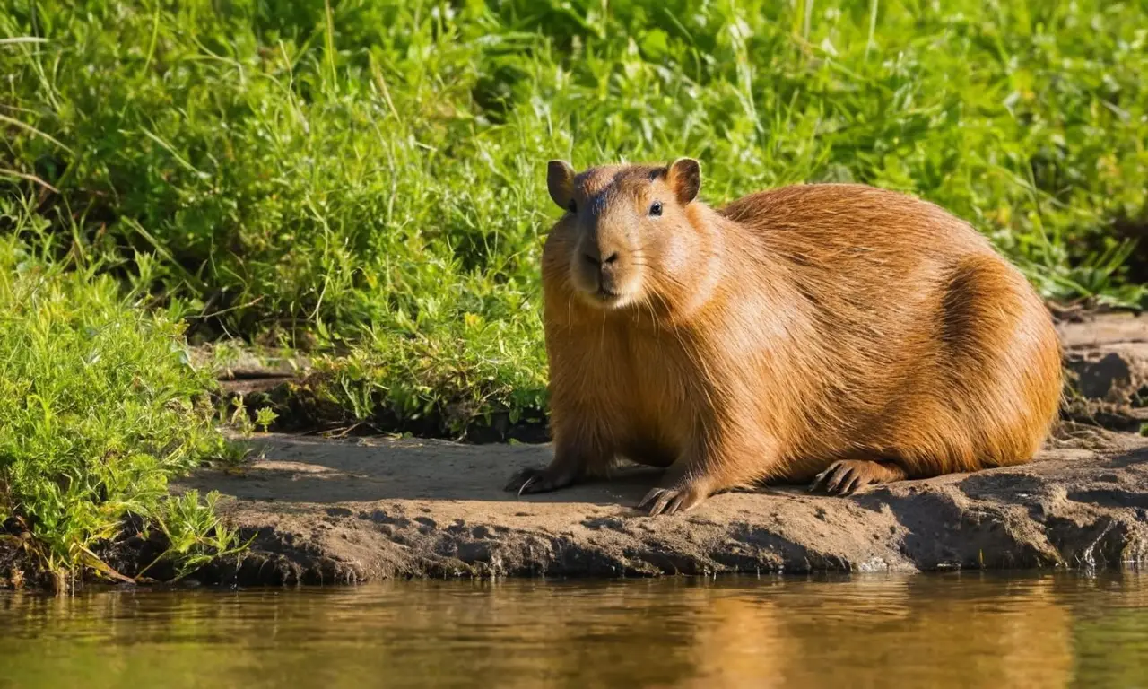 Capibara relajada junto a un tranquilo río