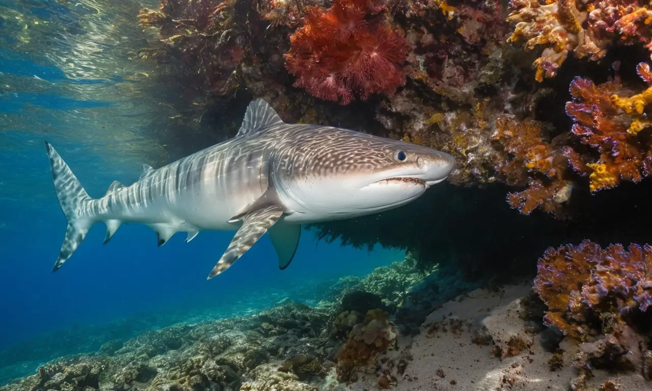 Tiburón mackerel nada en aguas cristalinas