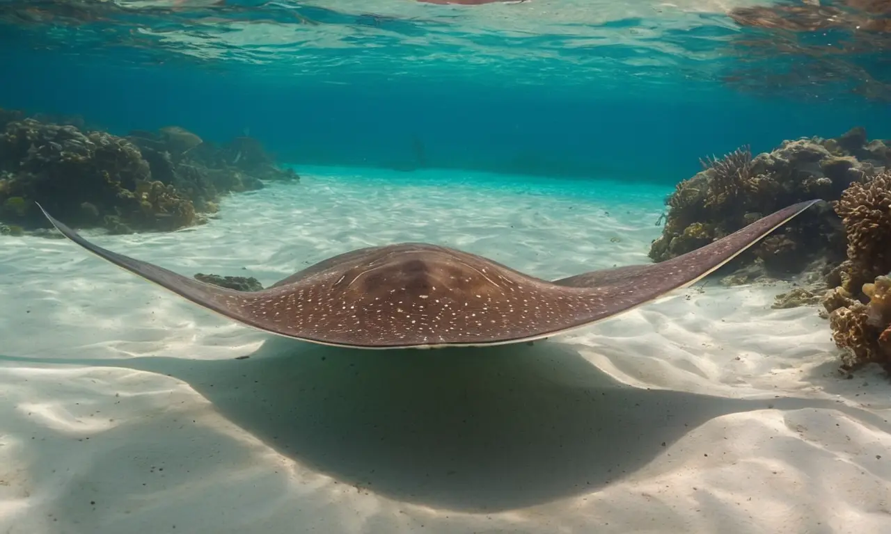 Rayas nadando en aguas turquesas tranquilas