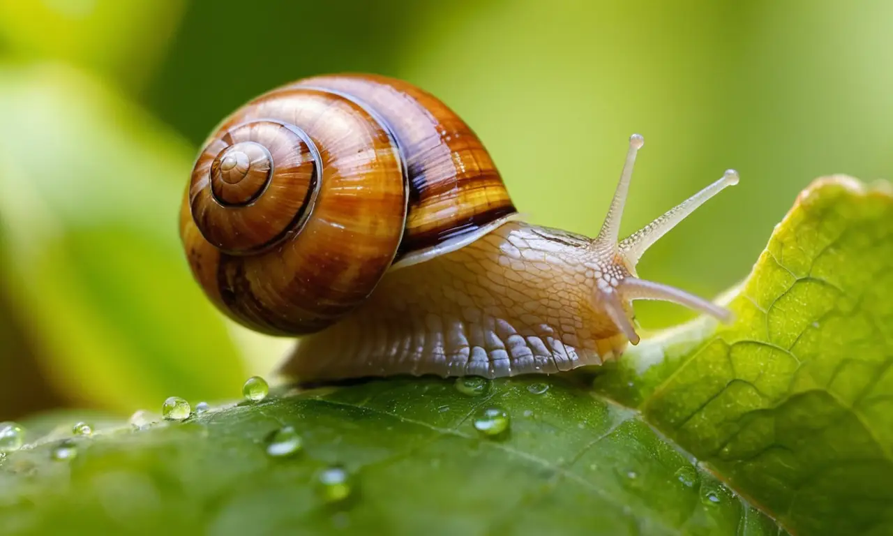 Una caracol brilla en un jardín tranquilo