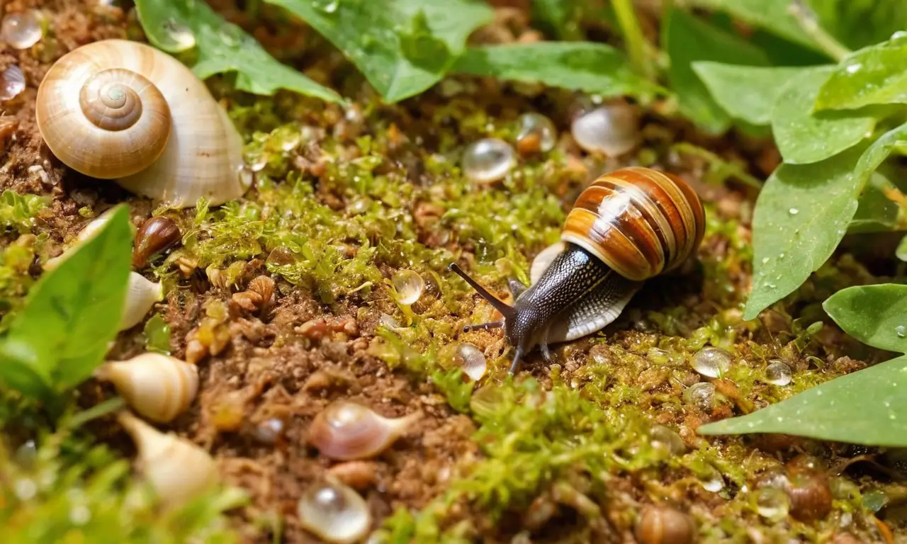 Caracol en jardín húmedo y soleado