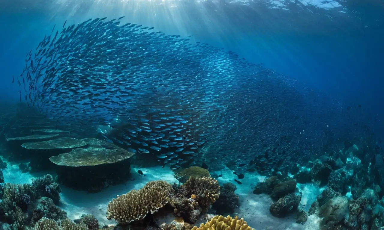 Escuela de peces brilla en el océano