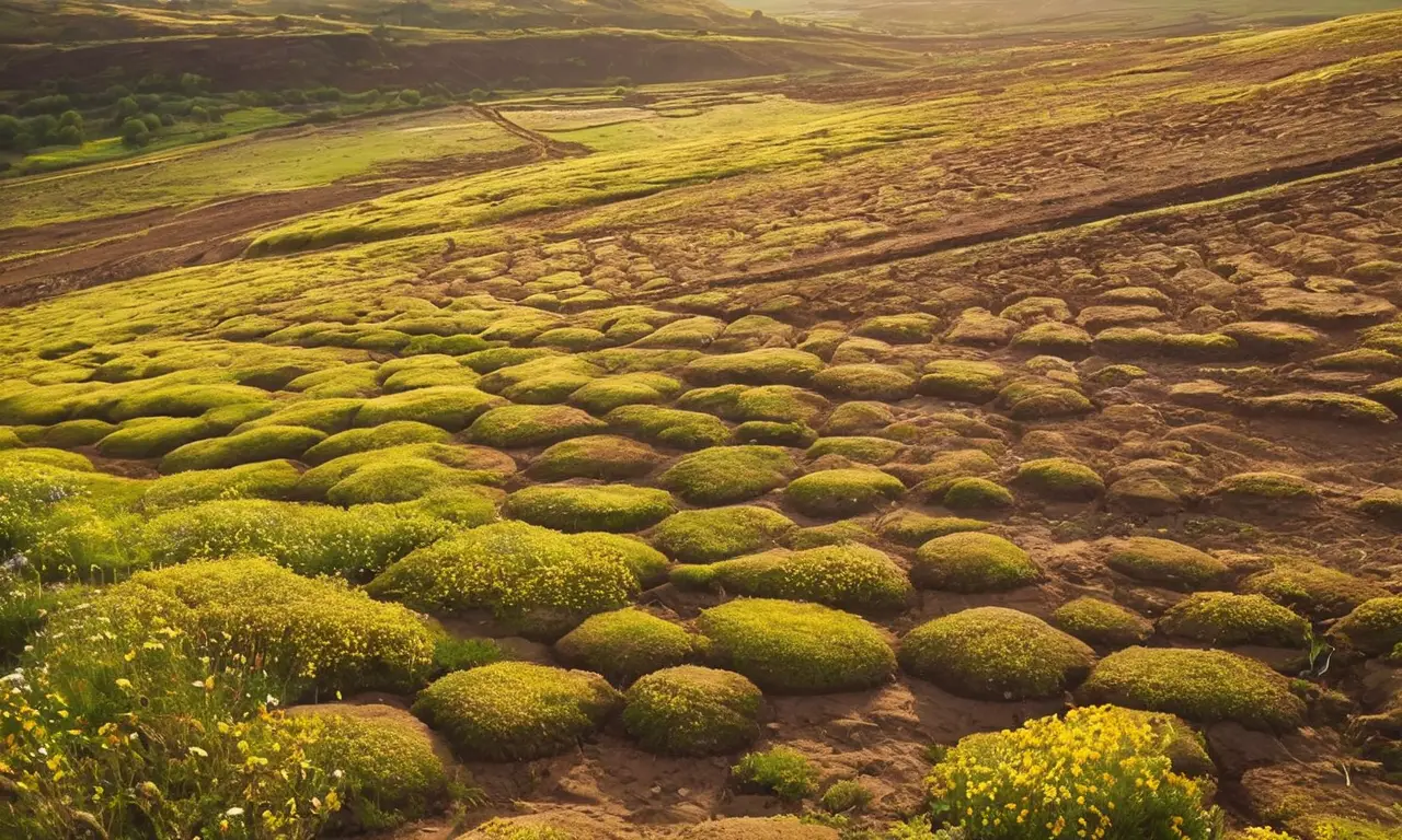 Paisaje erosionado con vegetación y luz suave