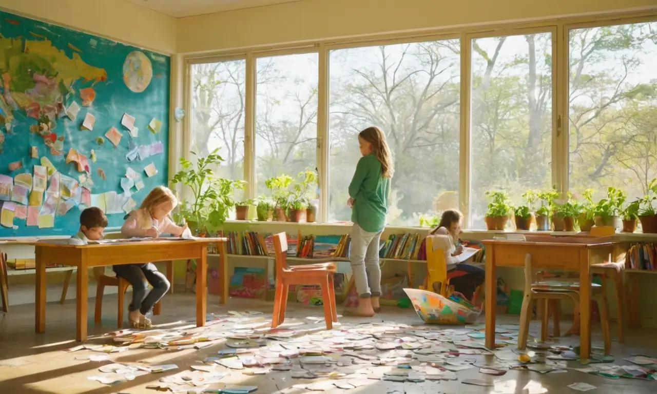 Aula vibrante con niños aprendiendo sobre contaminación