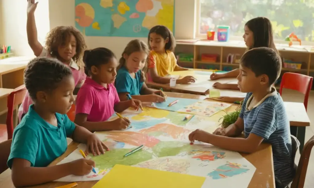 Aula vibrante con niños aprendiendo sobre reciclaje