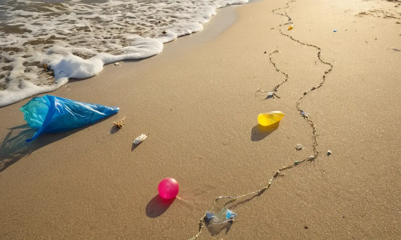 Playa soleada llena de plástico y contaminación
