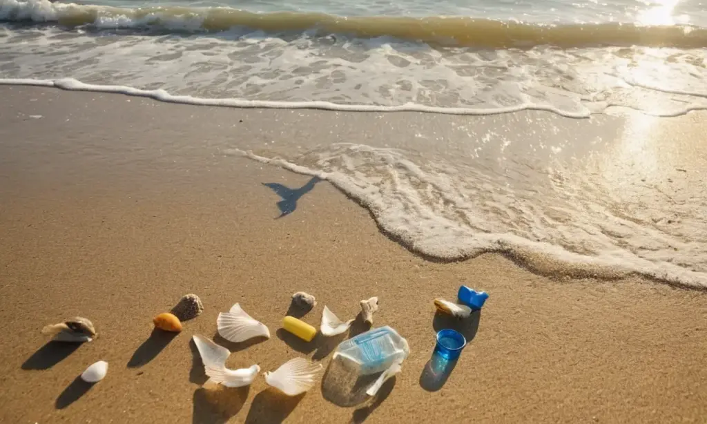 Playa llena de plástico y sombras