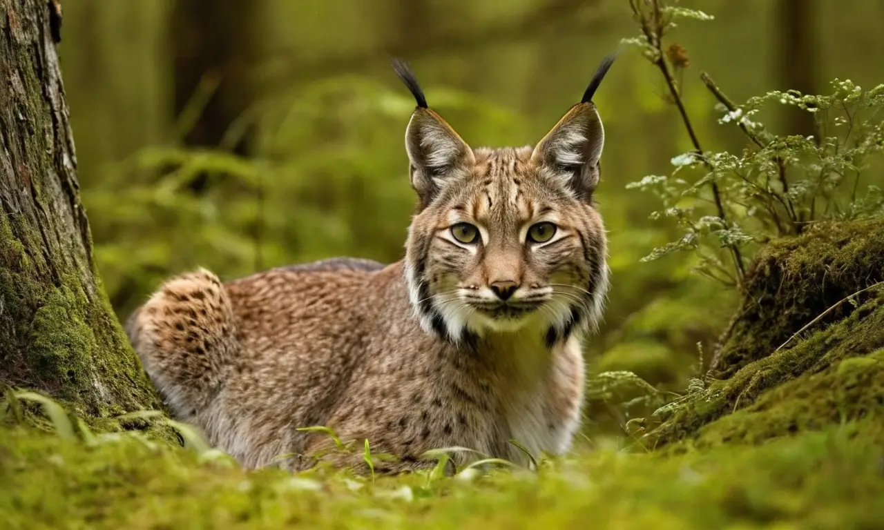 Lynx acechando un conejo en un bosque