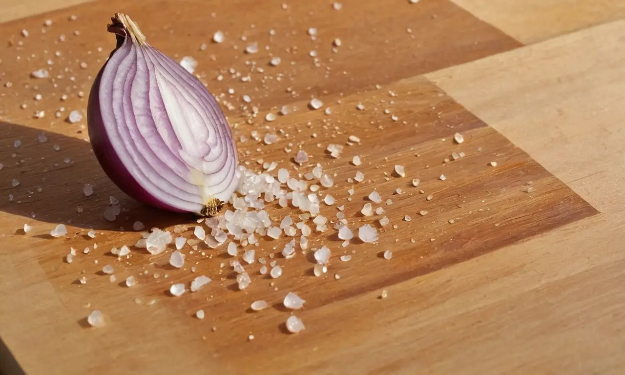 Tablero de madera con cebolla y sal