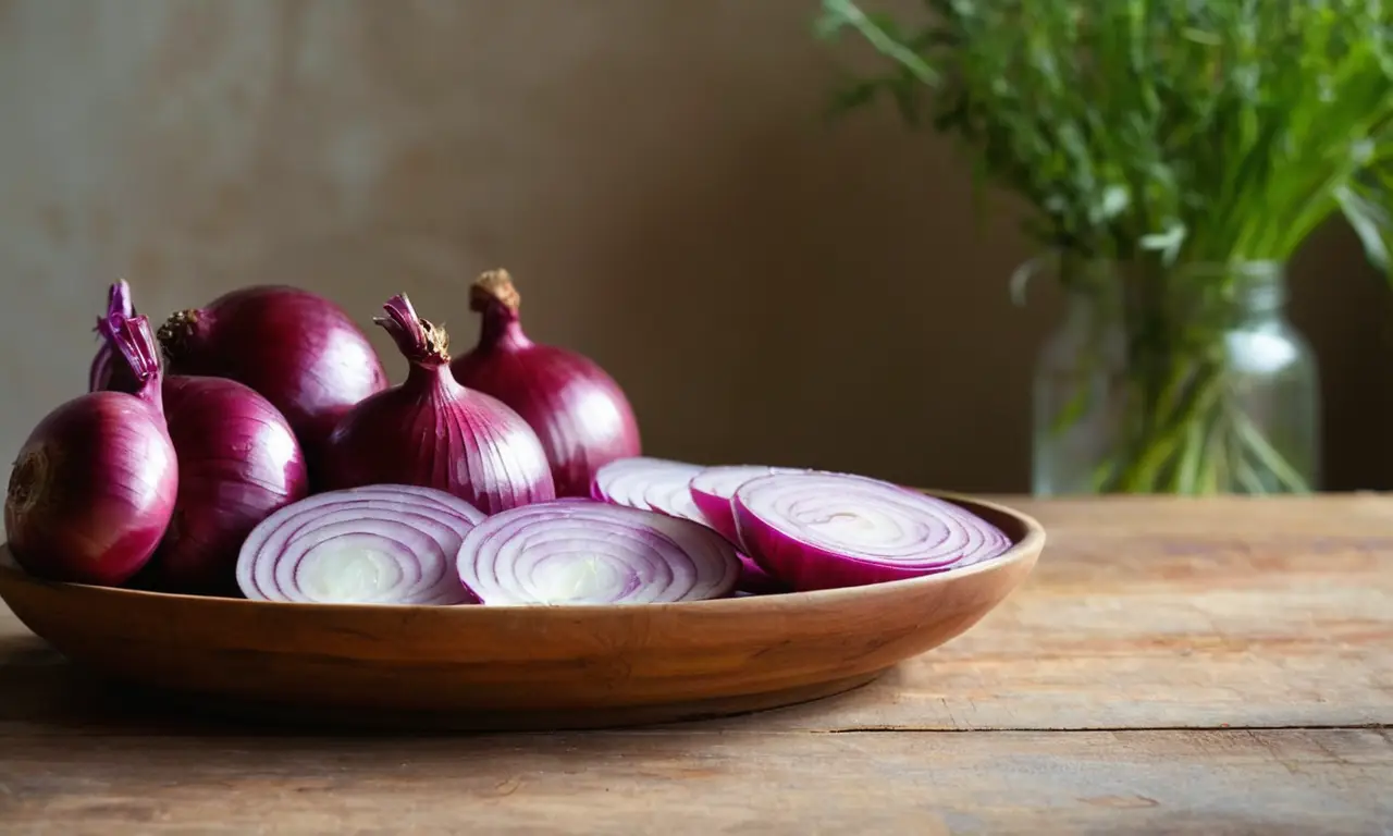 Mesa de madera con cebollas y hierbas