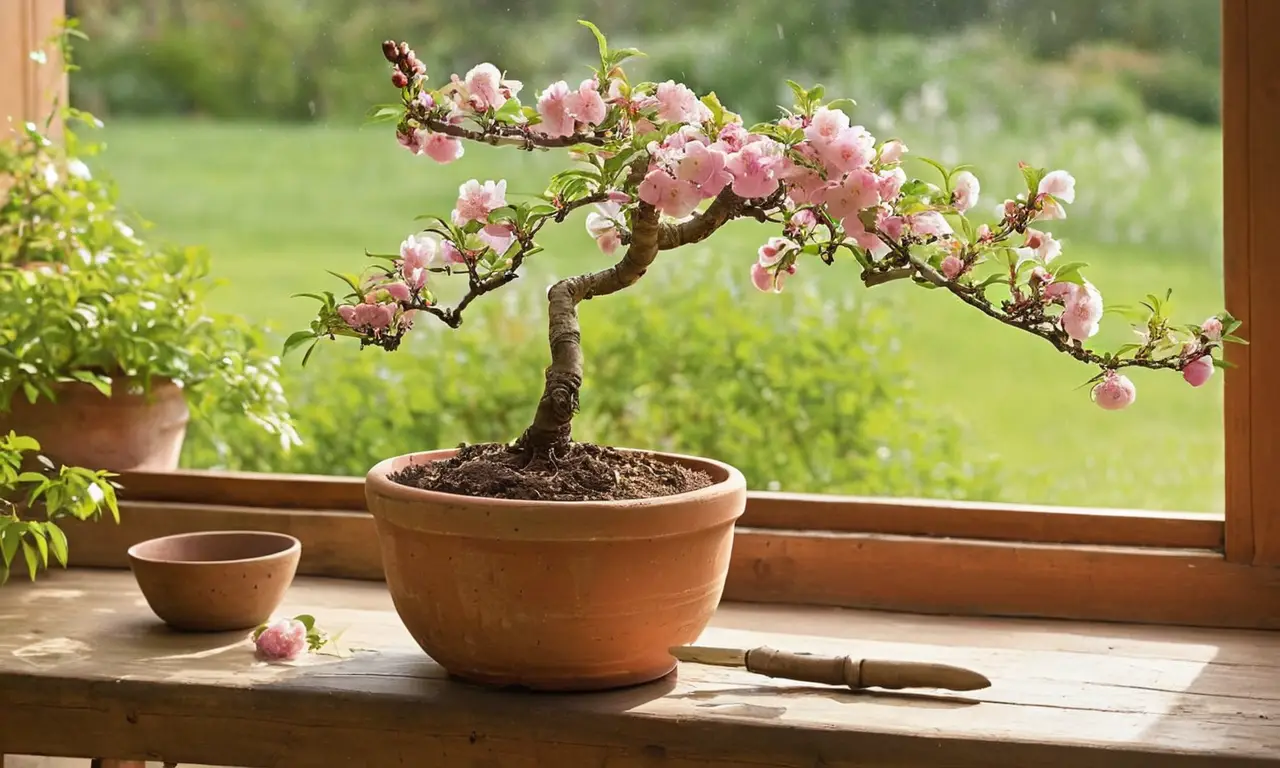 Mesa rústica con plantas y herramientas de jardinería