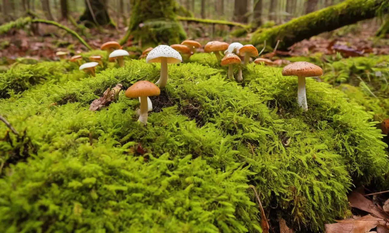 Bosque verde con diversas setas y musgo