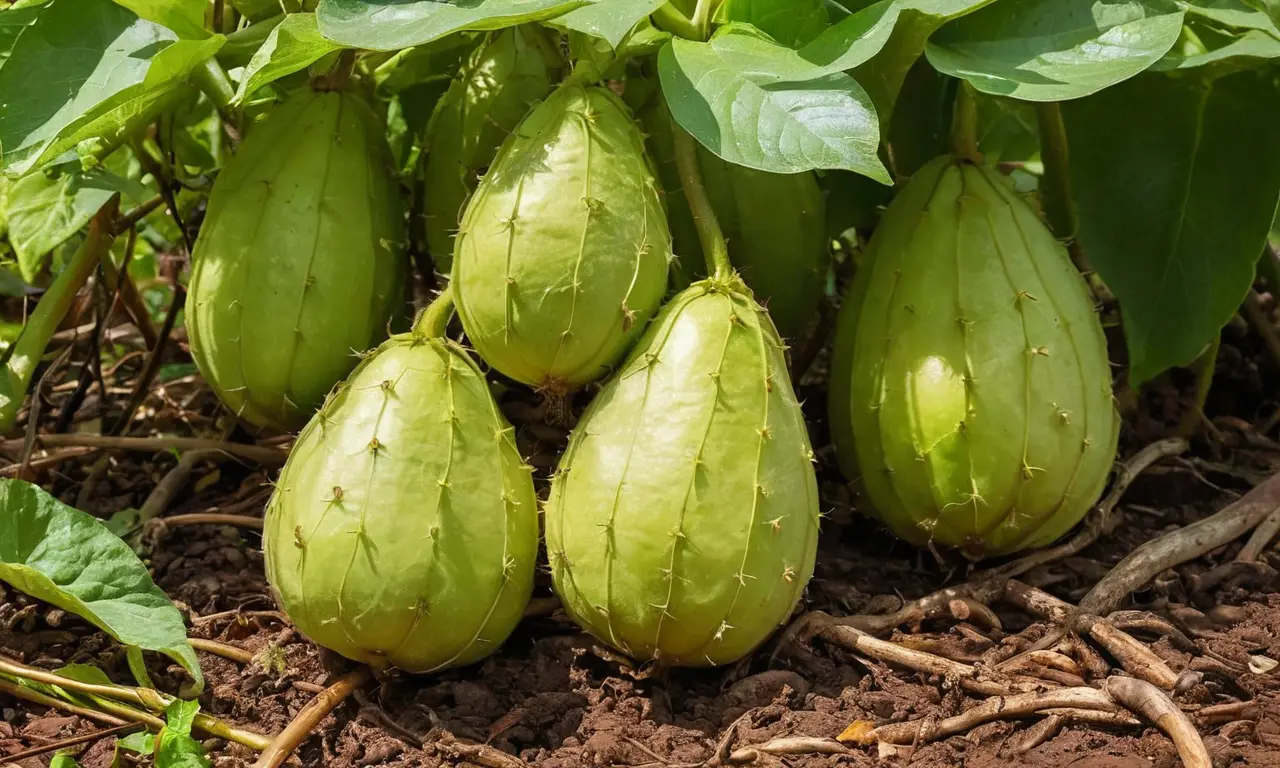 Chayotes crecen en un jardín vibrante