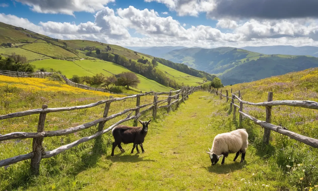 Un paisaje rural con cabras pastando tranquilamente