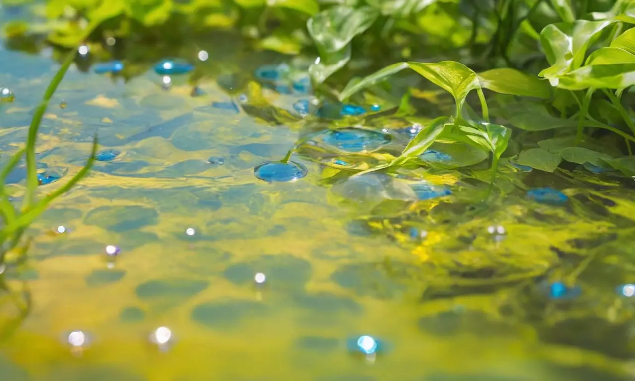 Pequeños peces brillantes nadan entre plantas