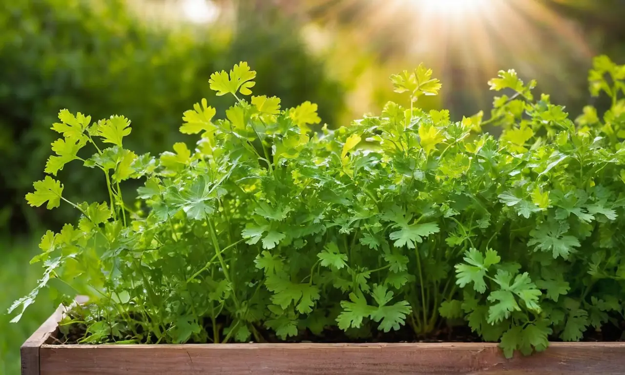 Cilantro fresco brilla en un cálido jardín