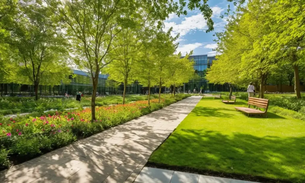 Naturaleza urbana con parques y gente feliz