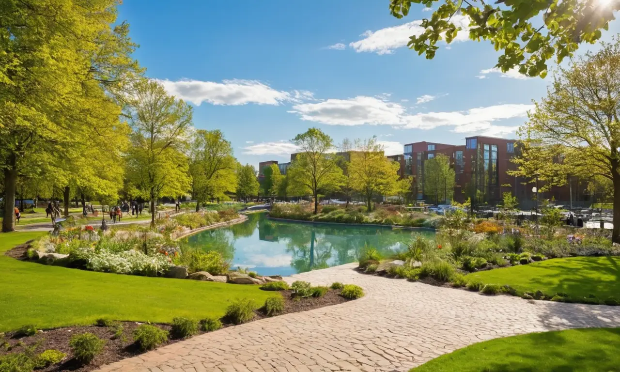 Parque urbano vibrante, naturaleza y comunidad en armonía