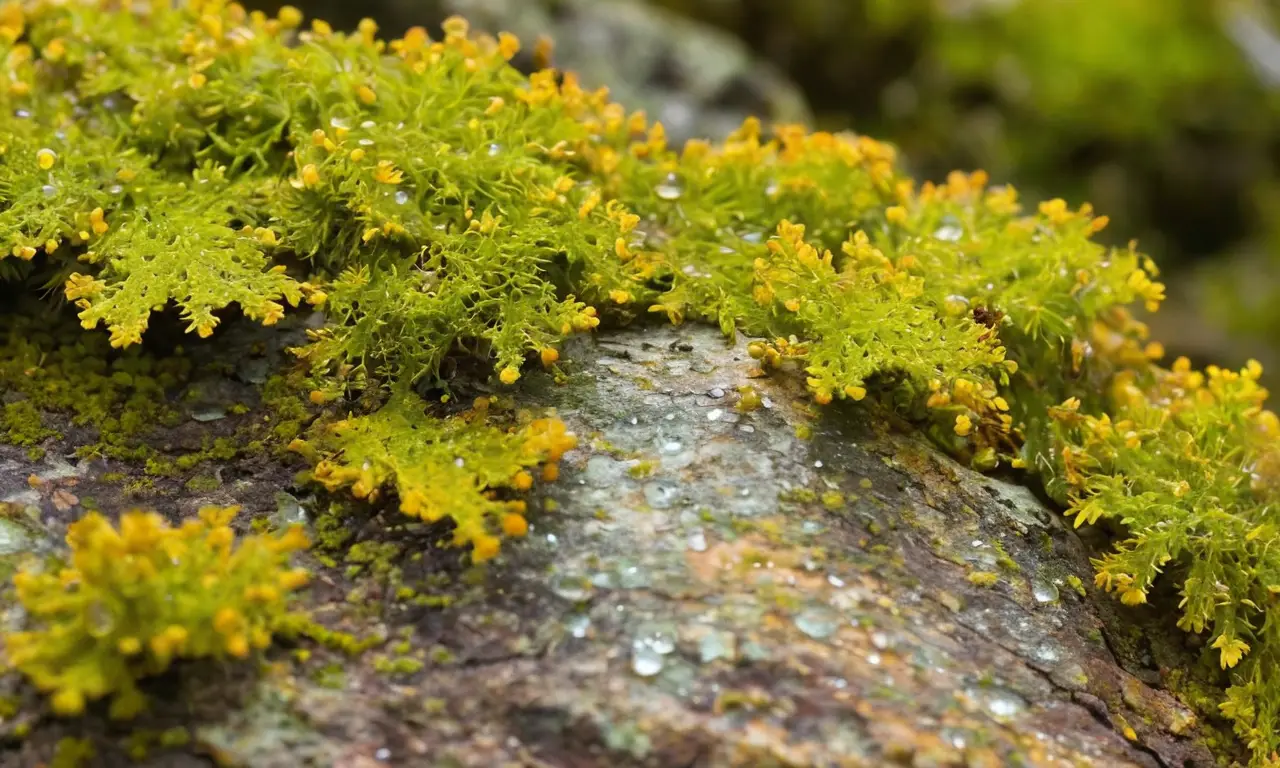 Roca cubierta de líquenes en un bosque