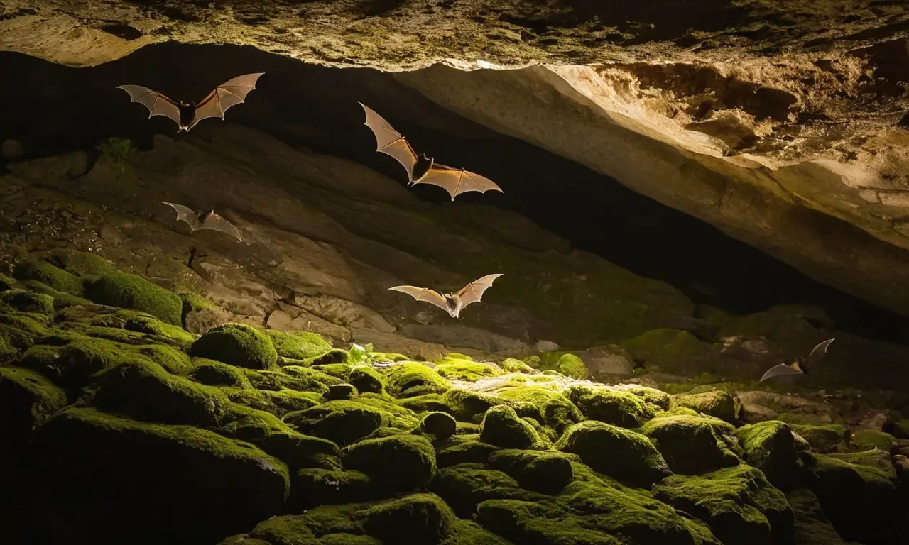 Cueva oscura con murciélagos y estalactitas
