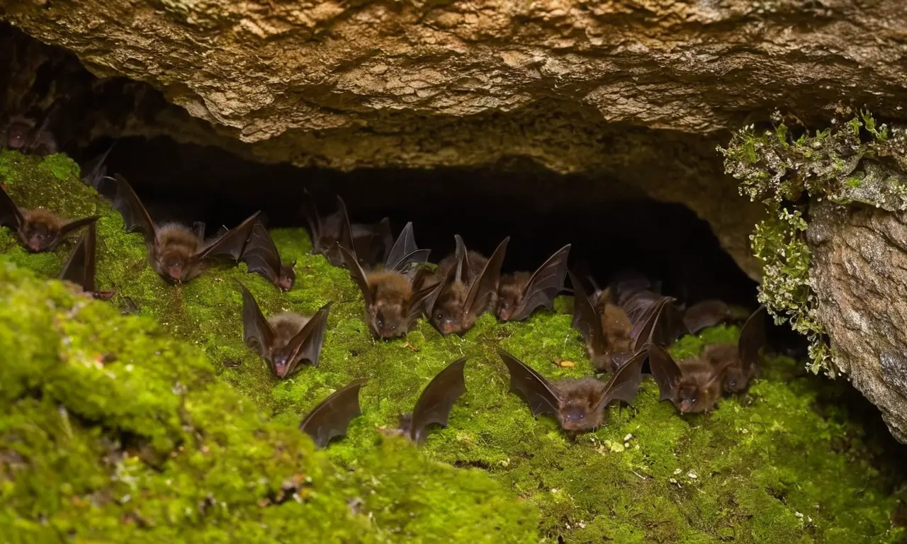 Cueva oscura con murciélagos y musgo verde
