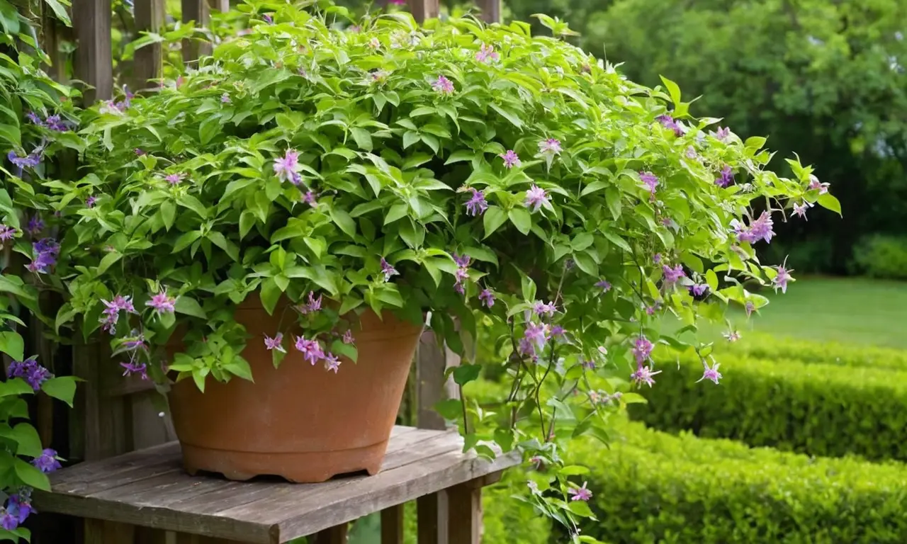 Clematis verdes y flores púrpuras en trellis
